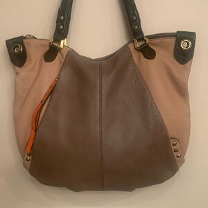 orYANY tan & cream/ black trim genuine leather slouch bag